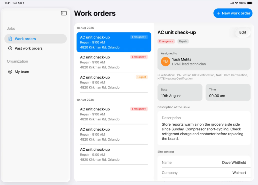 Work order list and job detail on the office dispatch console