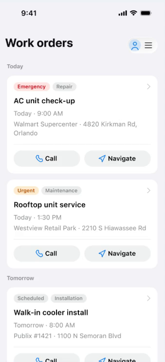 Technician job list on iPhone with one-tap call and navigation