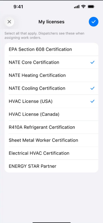 Technician license screen listing EPA Section 608, NATE and HVAC license options